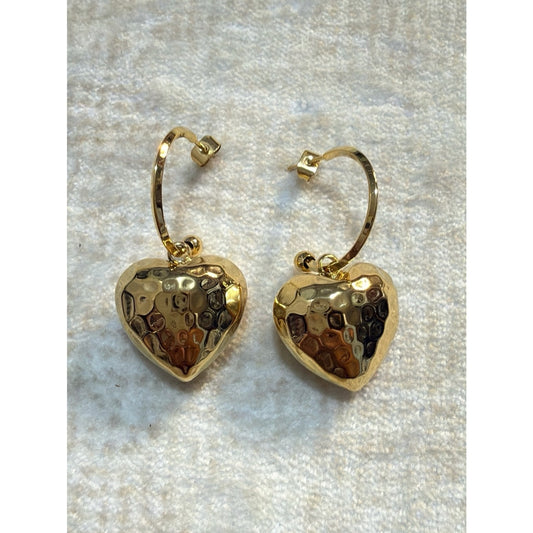 316L Stainless Steel Hammered Gold Heart Drop Earrings