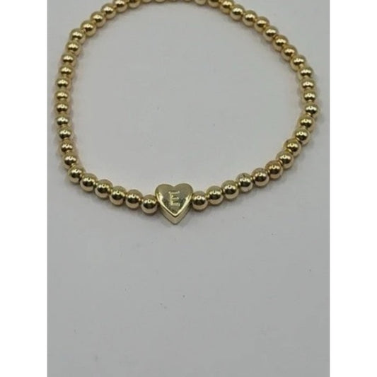 14K Gold Plated Initial "E" Heart Beaded Stretch Bracelet