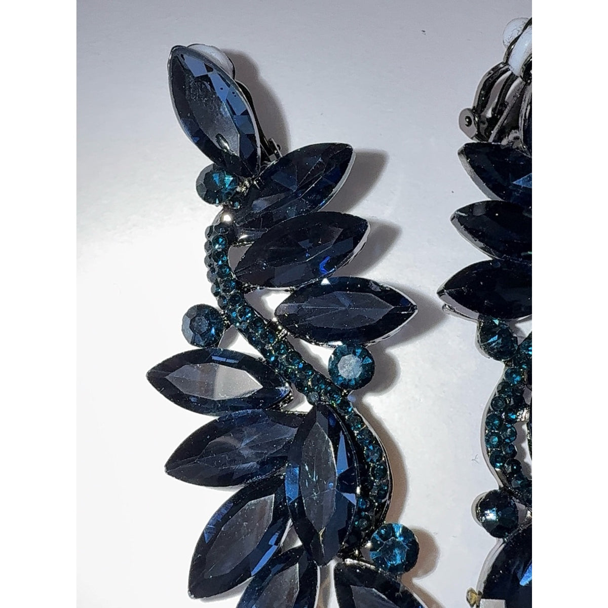 Navy Blue Crystal Marquise Flower Chandelier Clip-On Dangle Earrings