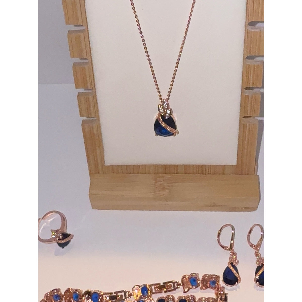 Rose Gold Blue Sapphire Teardrop Jewelry Set 4pc Necklace Bracelet Ring Earrings