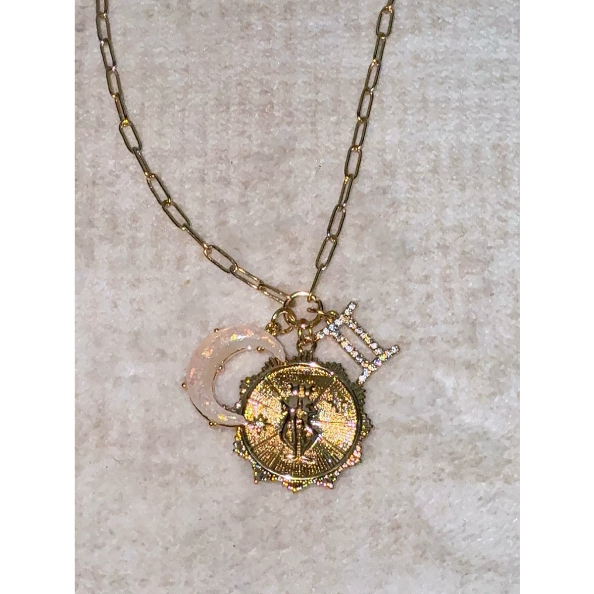 Gold Plated Gemini Zodiac Multi-Charm Paperclip Chain Necklace