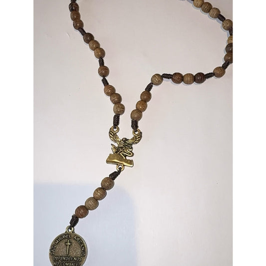 St. Michael Wooden Car Rosary, Saint Medal "Defend Us In Battle" Gold Tone