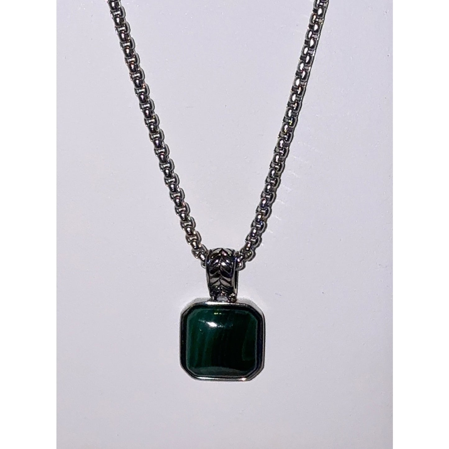 Men’s Stainless Steel Green Malachite Pendant Necklace 24"