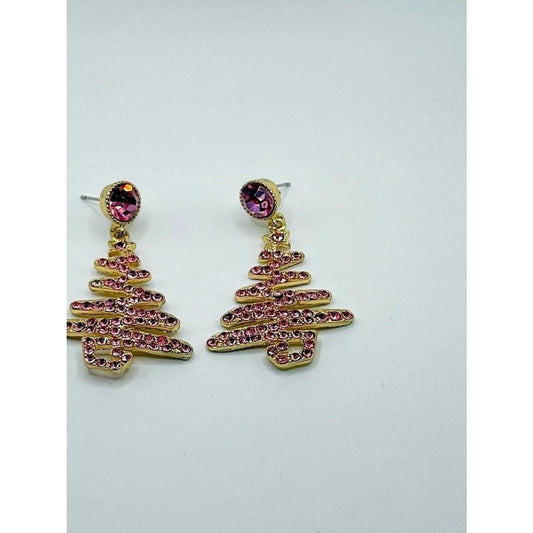 Pink Crystal Rhinestone Christmas Tree Dangle Drop EarringsAdd a pop of feminine