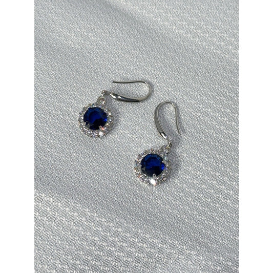 925 Sterling Silver Royal Blue Sapphire CZ Halo Dangle Earrings
