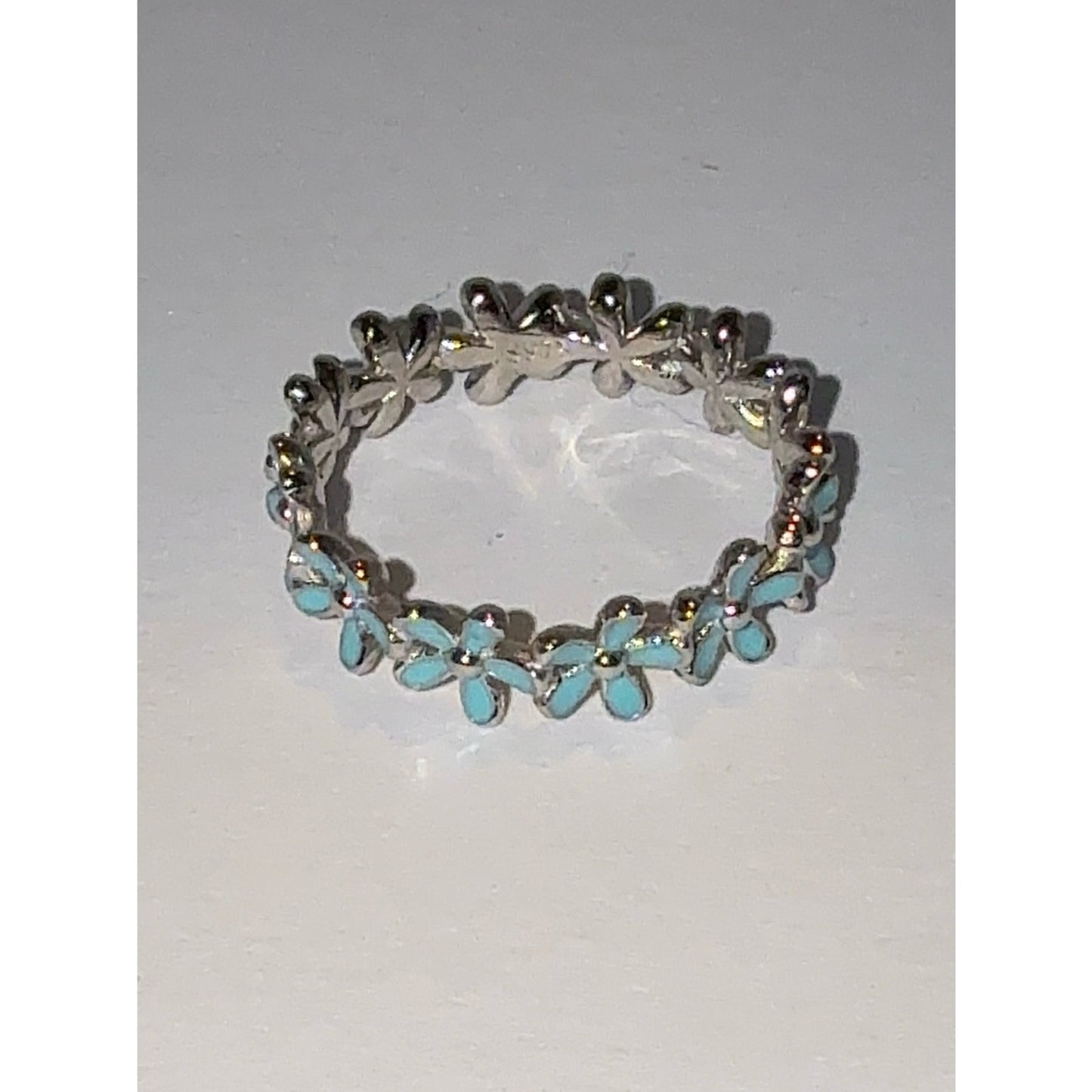 Silver Flower Band Ring with Turquoise Enamel 6