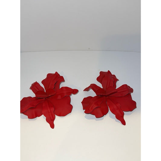 Red Matte Orchid Flower Statement Earrings | Large 3D Floral Drop Earrings