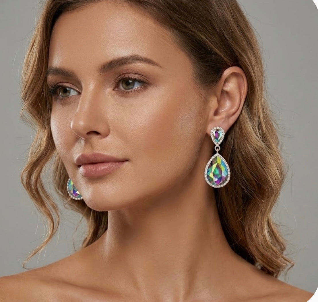 Iridescent Teardrop Crystal Dangle Earrings – AB Austrian Rhinestone Statement Drop