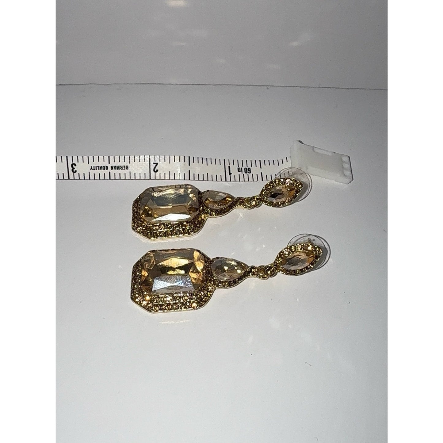 Gold Champagne Austrian Crystal Emerald Cut Statement Dangle Earrings