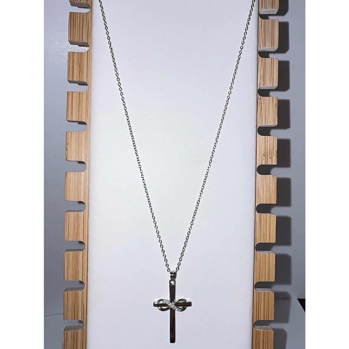 925 Sterling Silver Infinity Cross Necklace 16" CZ