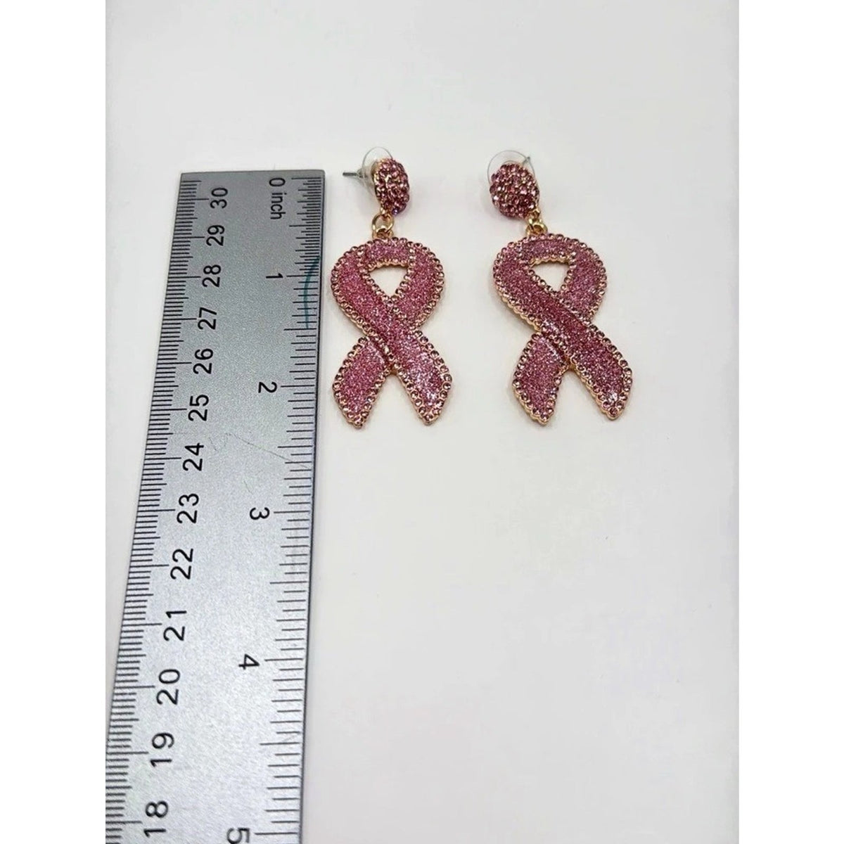 Sparkly Pink Rhinestone Ribbon Drop Earrings Breast Cancer Support Jewelry