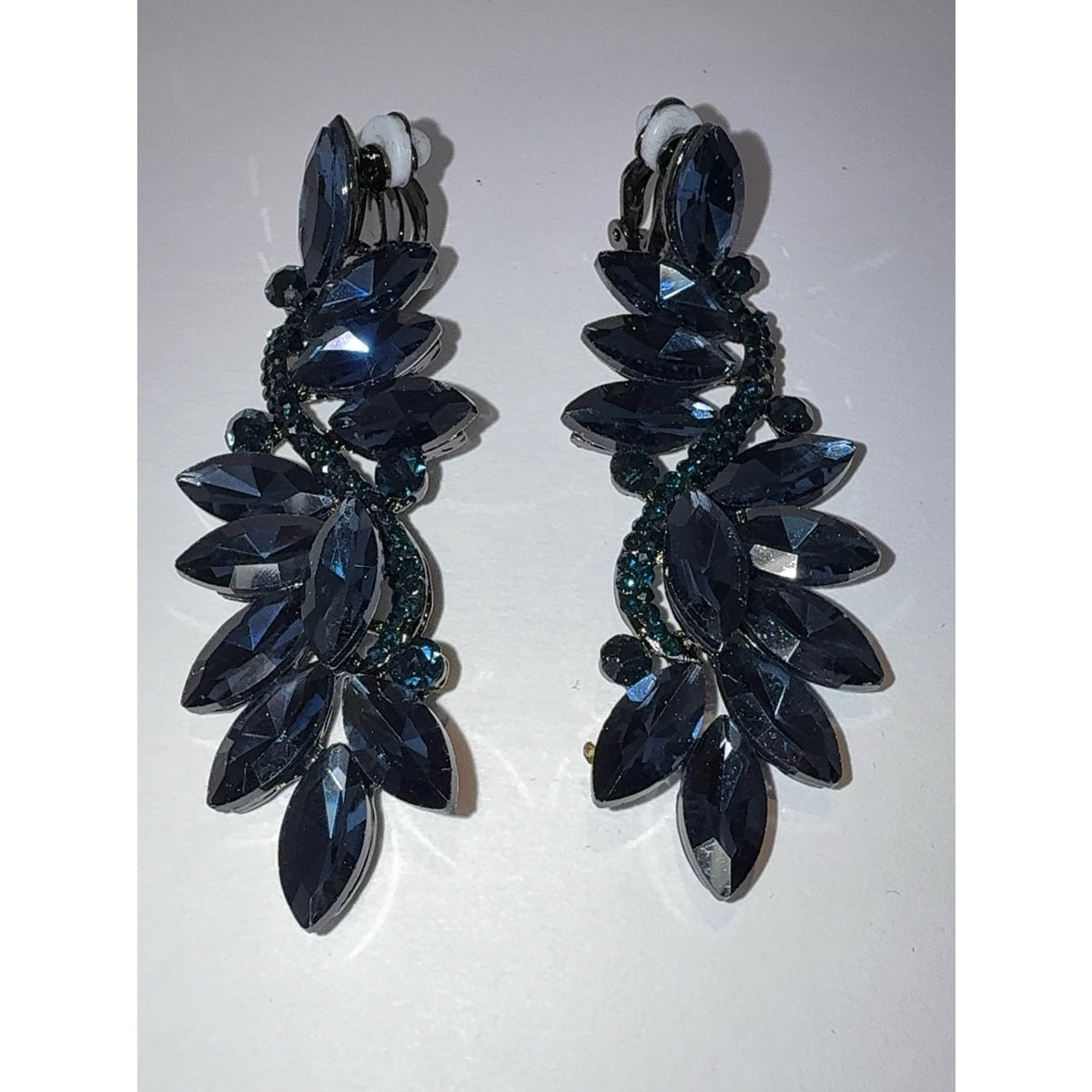 Navy Blue Crystal Marquise Flower Chandelier Clip-On Dangle Earrings