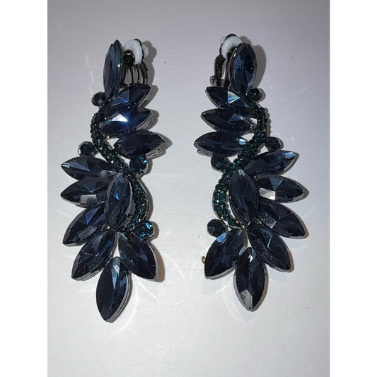 Navy Blue Crystal Marquise Flower Chandelier Clip-On Dangle Earrings