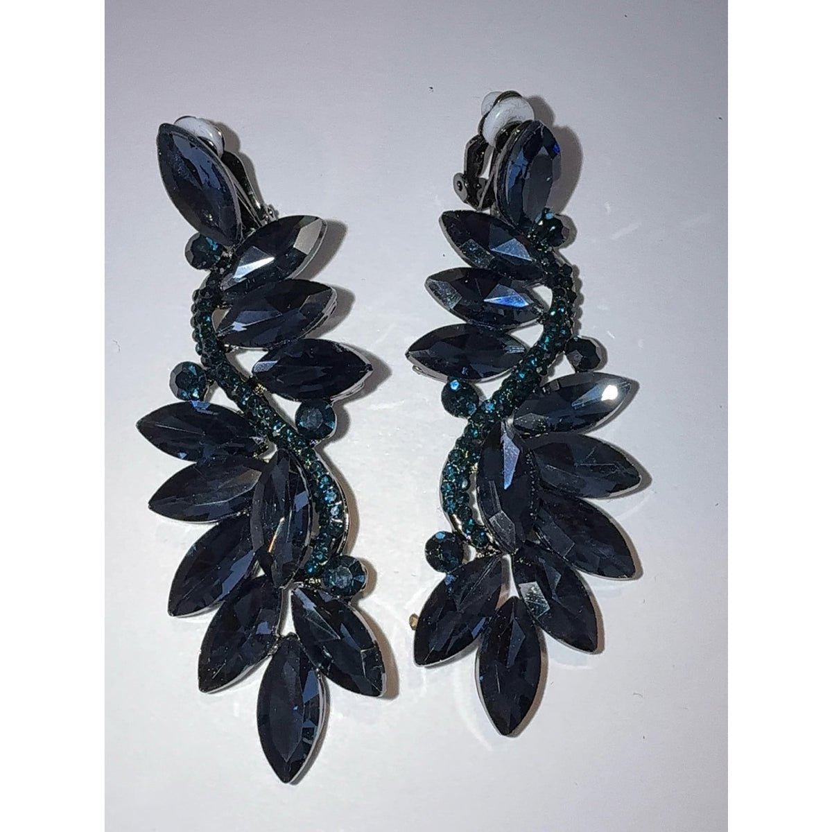 Navy Blue Crystal Marquise Flower Chandelier Clip-On Dangle Earrings