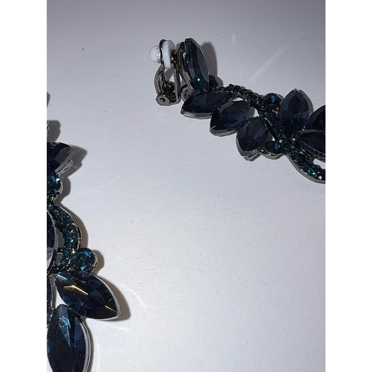 Navy Blue Crystal Marquise Flower Chandelier Clip-On Dangle Earrings