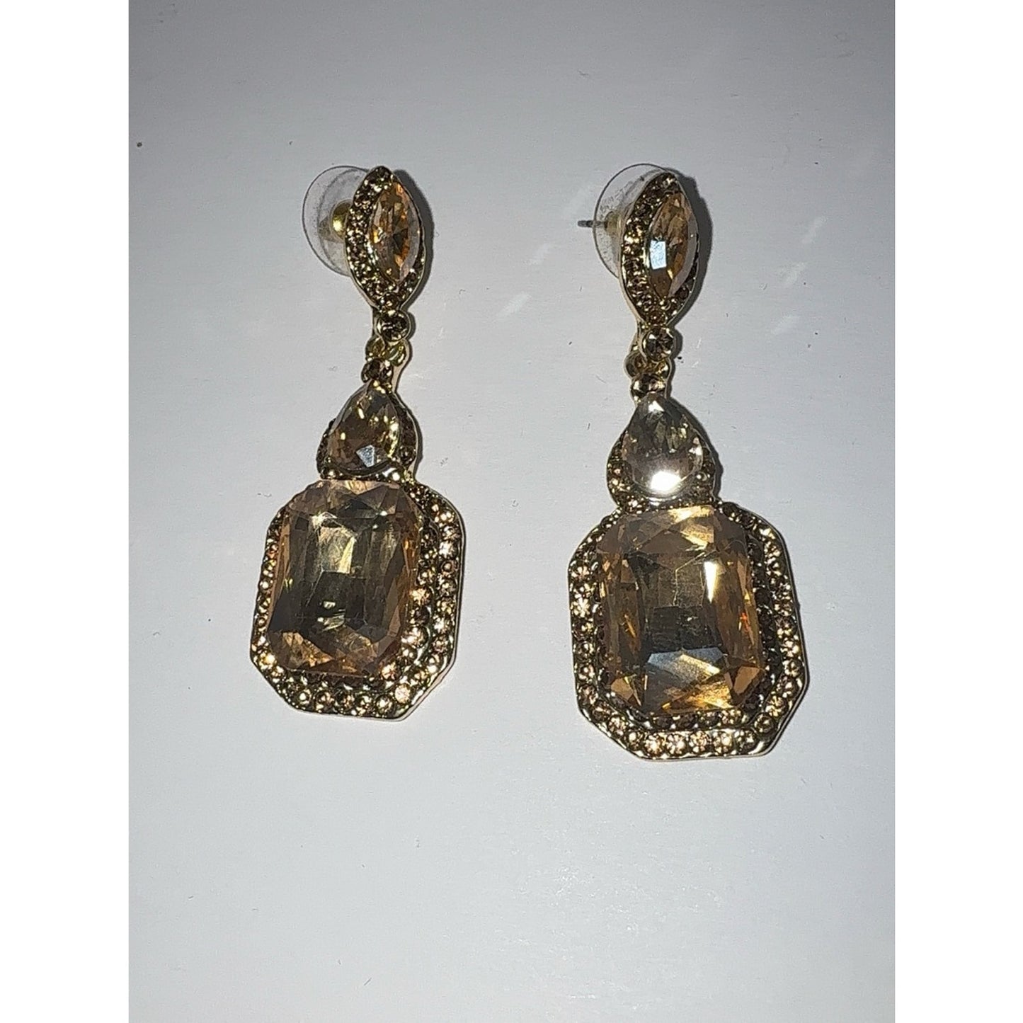 Gold Champagne Austrian Crystal Emerald Cut Statement Dangle Earrings