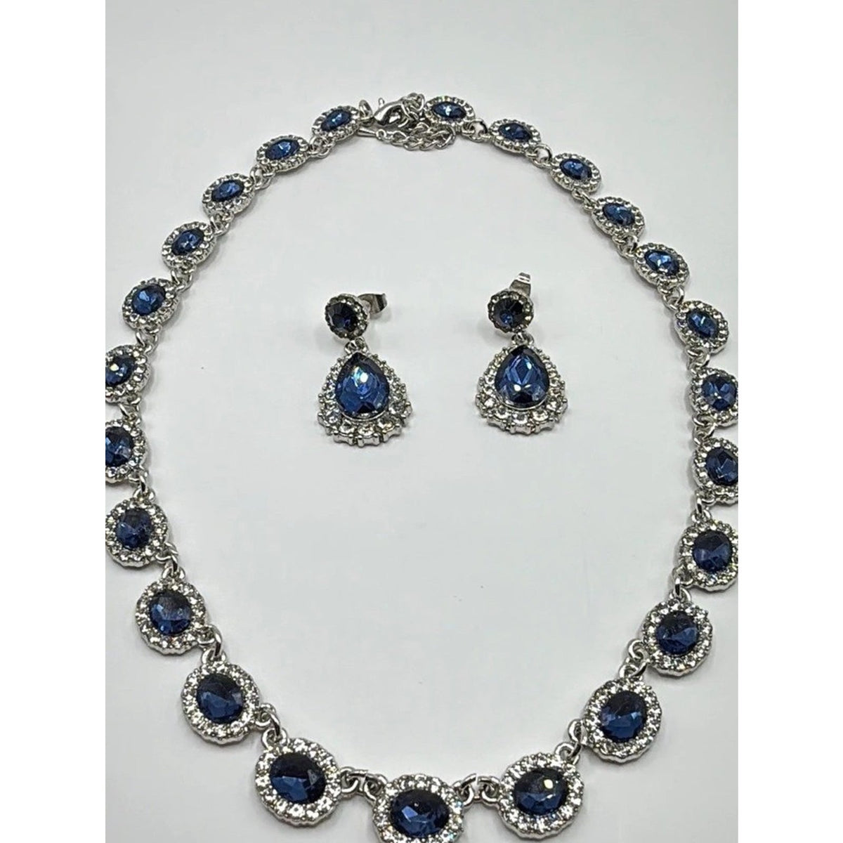 Elegant Art Deco Sapphire Blue Rhinestone Jewelry Set Necklace & Earrings