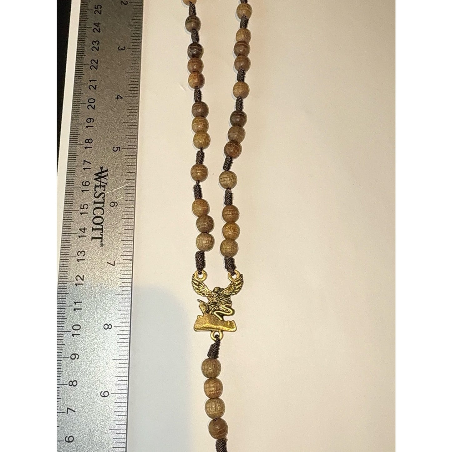 St. Michael Wooden Car Rosary, Saint Medal "Defend Us In Battle" Gold Tone