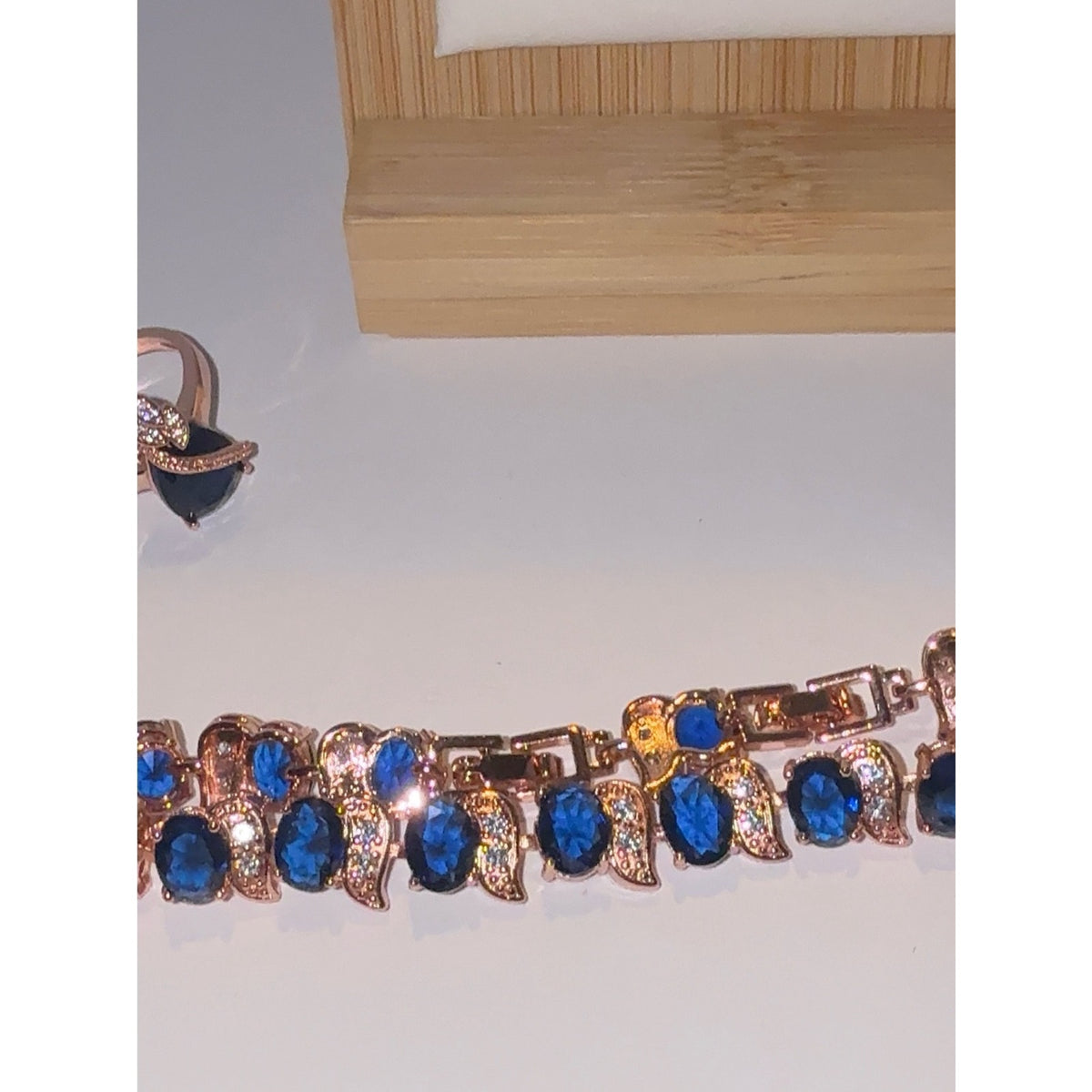 Rose Gold Blue Sapphire Teardrop Jewelry Set 4pc Necklace Bracelet Ring Earrings