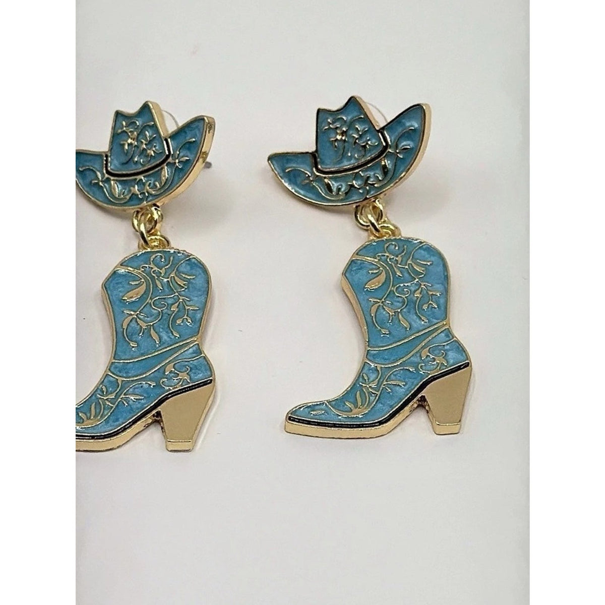 Western Turquoise Cowgirl Hat & Boot Dangle Earrings Gold Tone