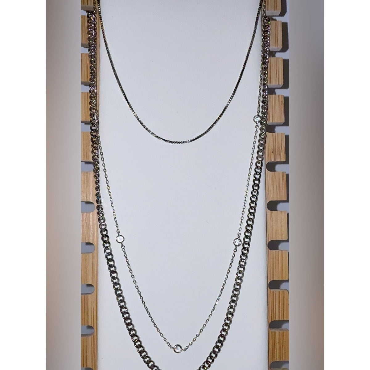 3 Layered Stainless Steel Silver Tone Crystal Station Necklace