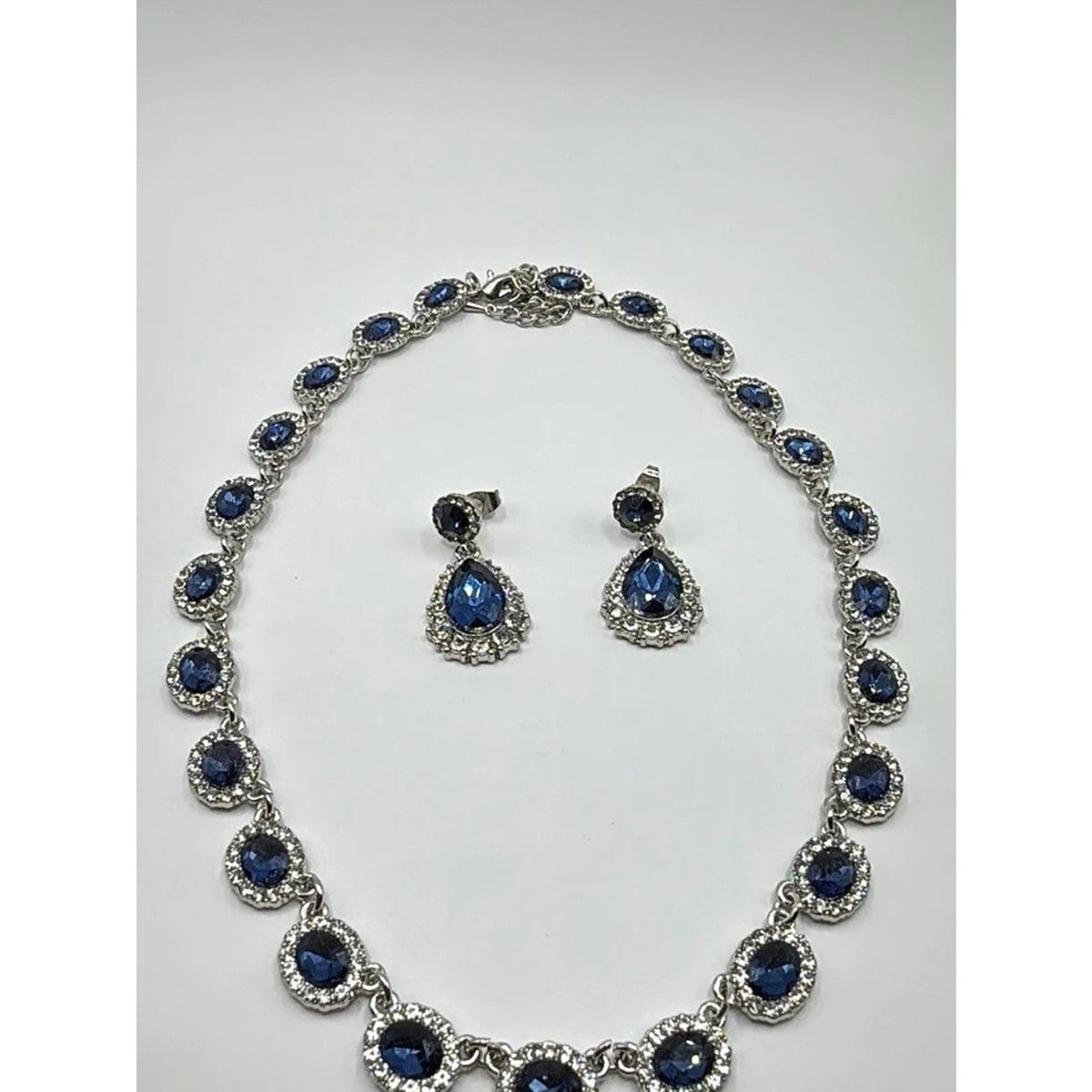 Elegant Art Deco Sapphire Blue Rhinestone Jewelry Set Necklace & Earrings