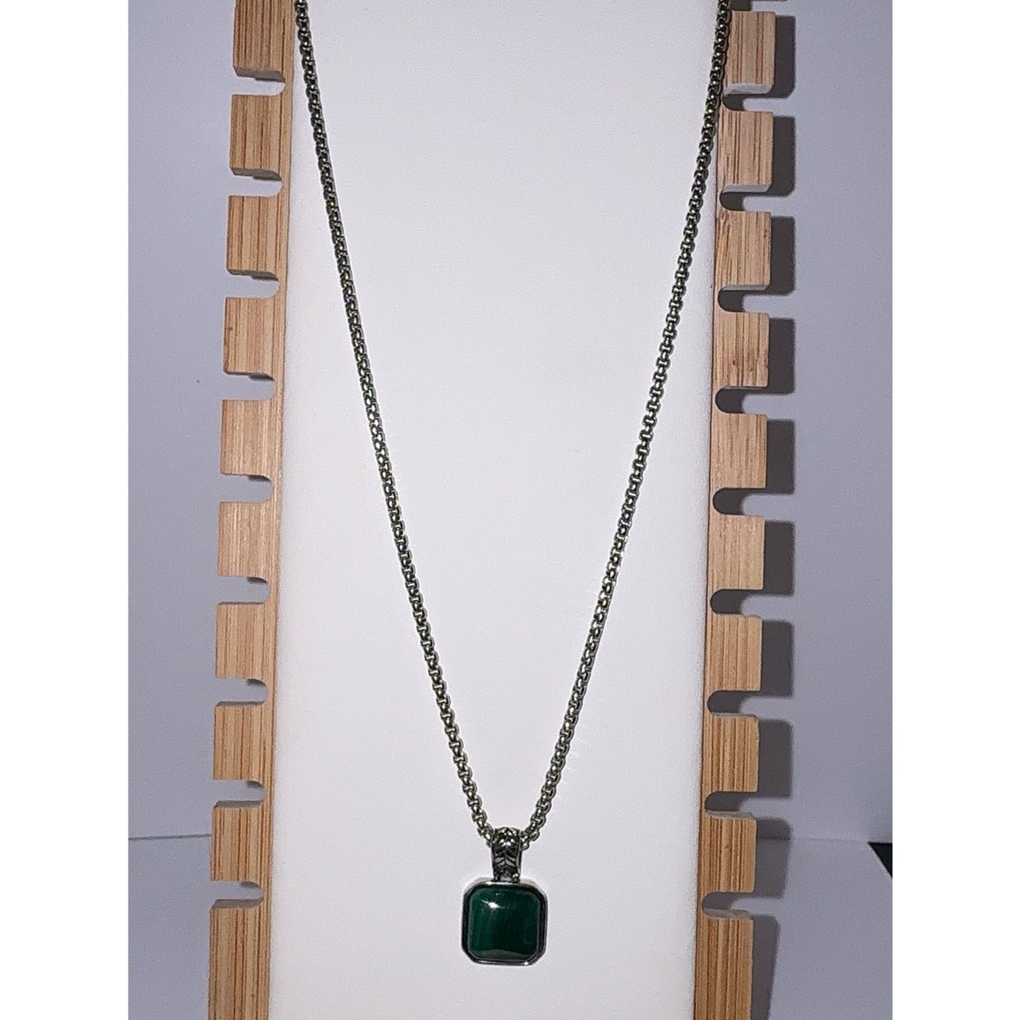Men’s Stainless Steel Green Malachite Pendant Necklace 24"