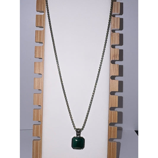 Men’s Stainless Steel Green Malachite Pendant Necklace 24"