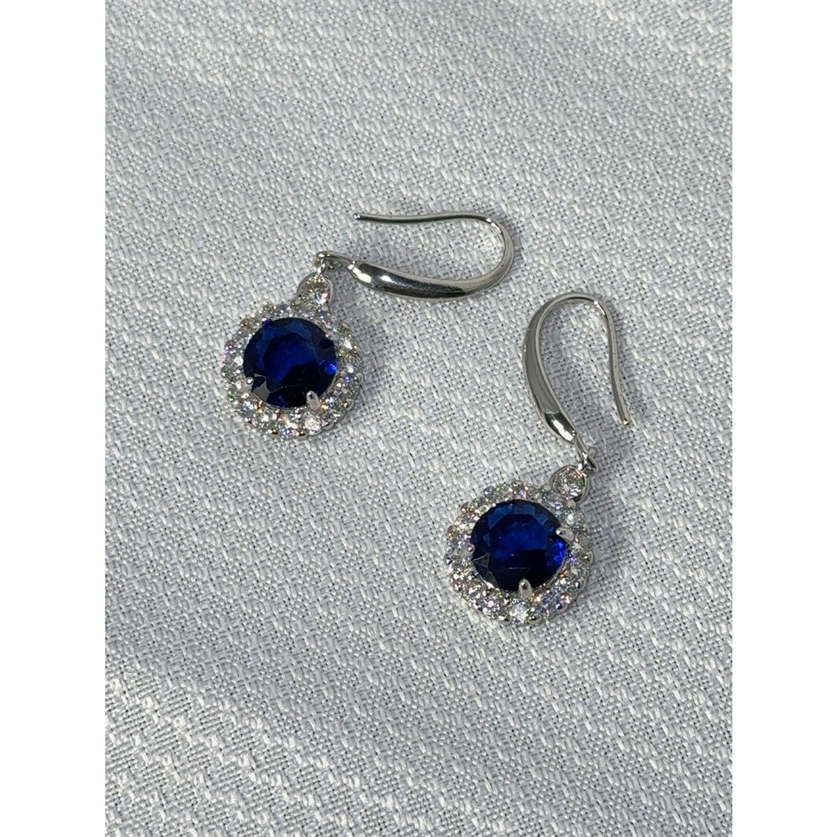925 Sterling Silver Royal Blue Sapphire CZ Halo Dangle Earrings