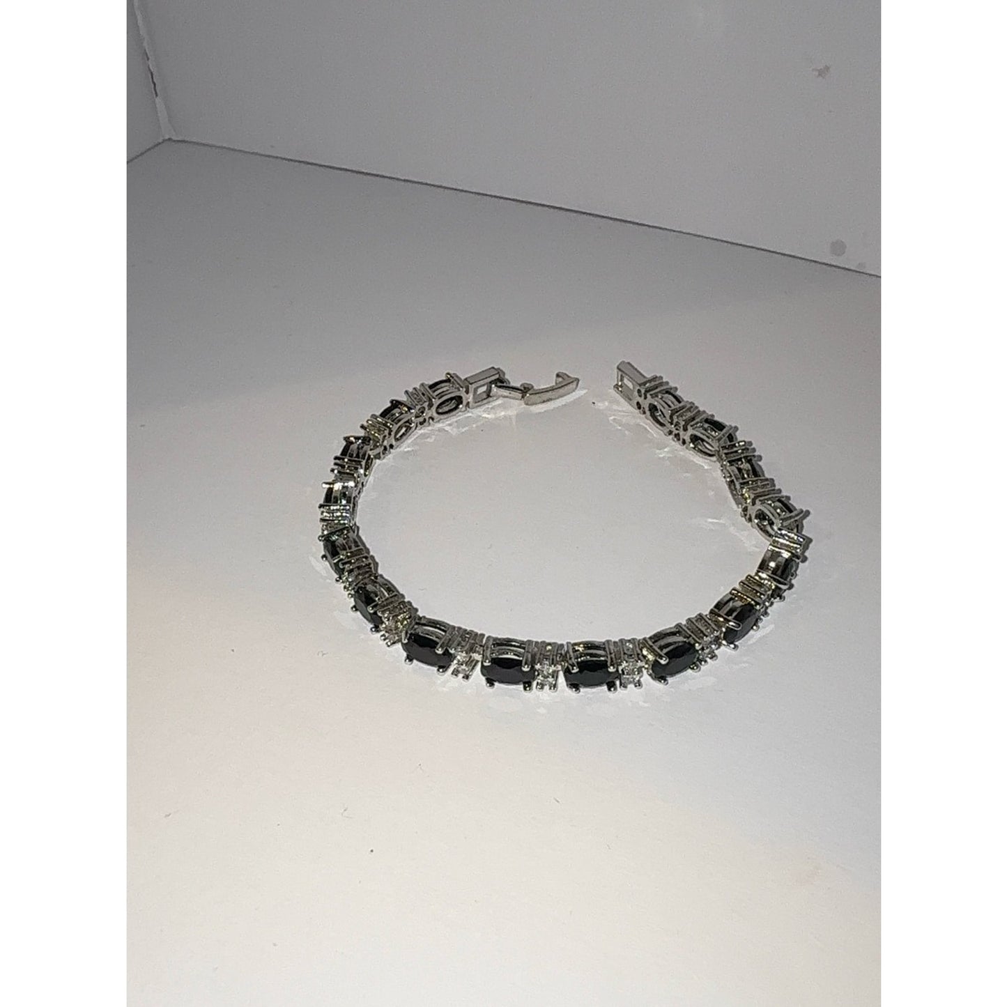 Black Oval Cubic Zirconia Tennis Bracelet 7.5" Silver Tone NWT