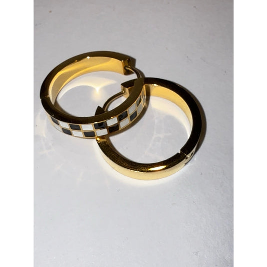 Gold Plated Black White Checkerboard Huggie Hoop Earrings