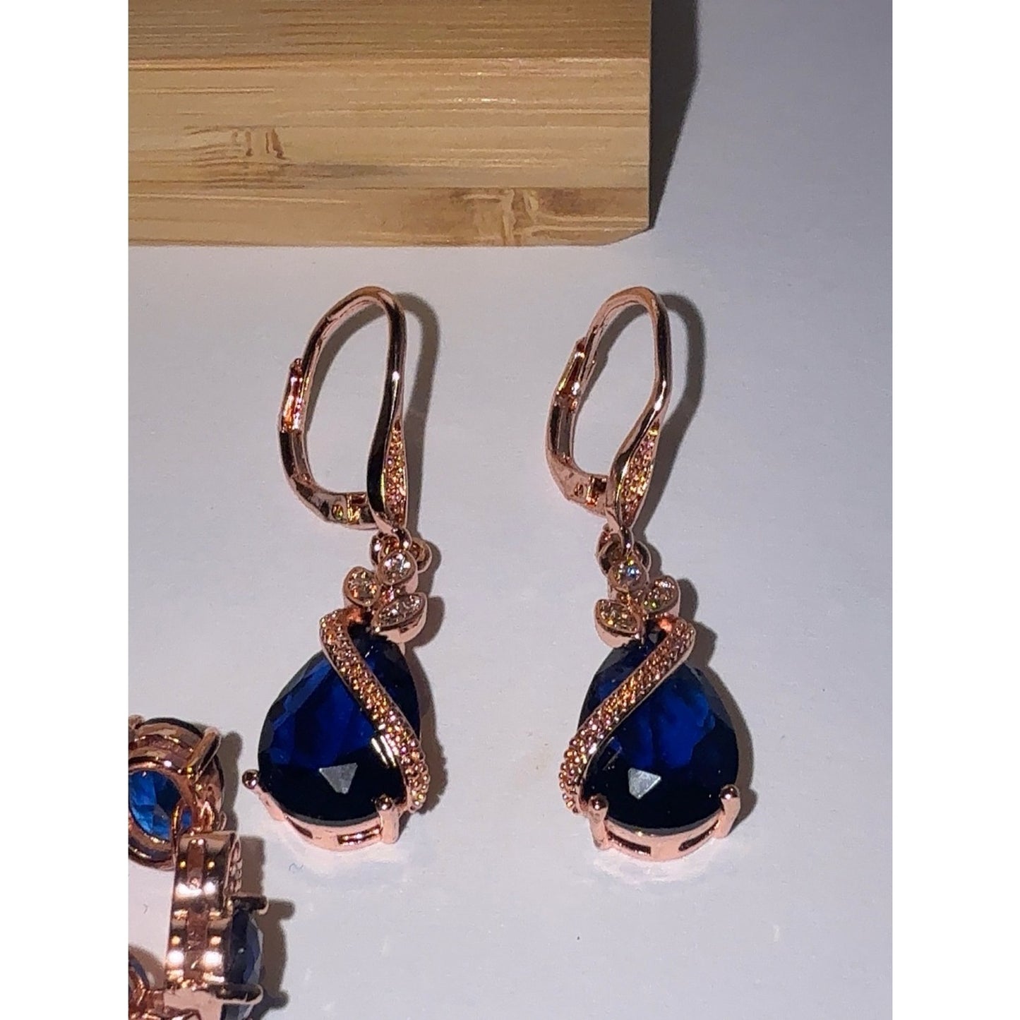 Rose Gold Blue Sapphire Teardrop Jewelry Set 4pc Necklace Bracelet Ring Earrings
