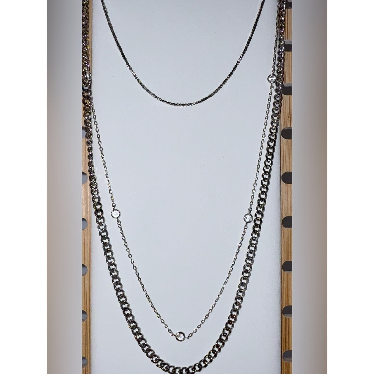 3 Layered Stainless Steel Silver Tone Crystal Station Necklace