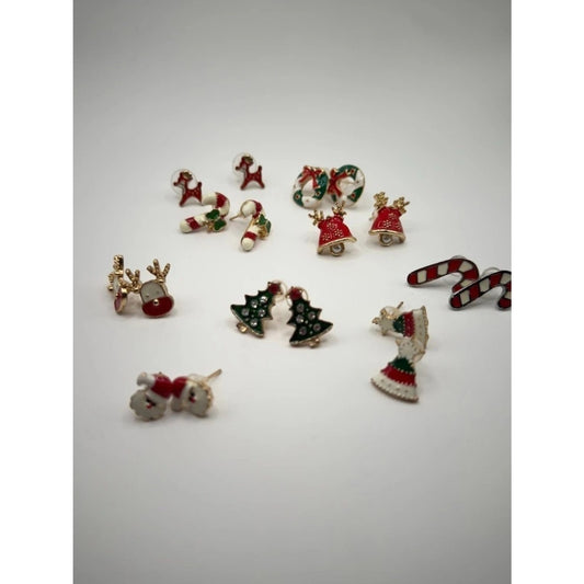 Set of 9 Pairs Christmas Enamel Stud Earrings Holiday Rudolph Santa Tree
