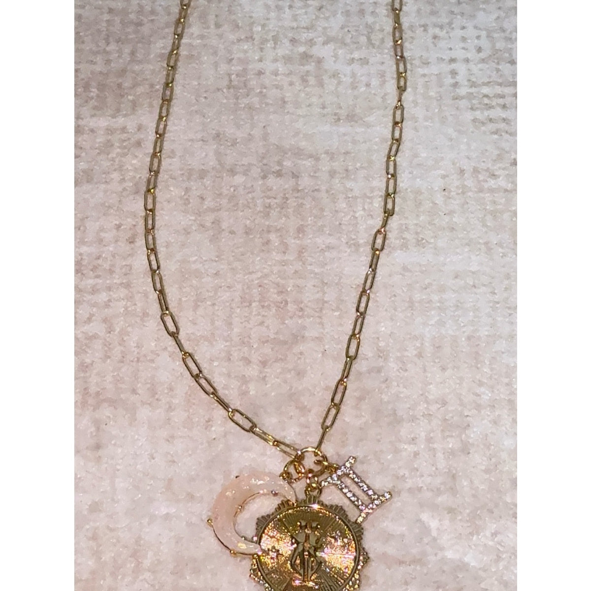 Gold Plated Gemini Zodiac Multi-Charm Paperclip Chain Necklace