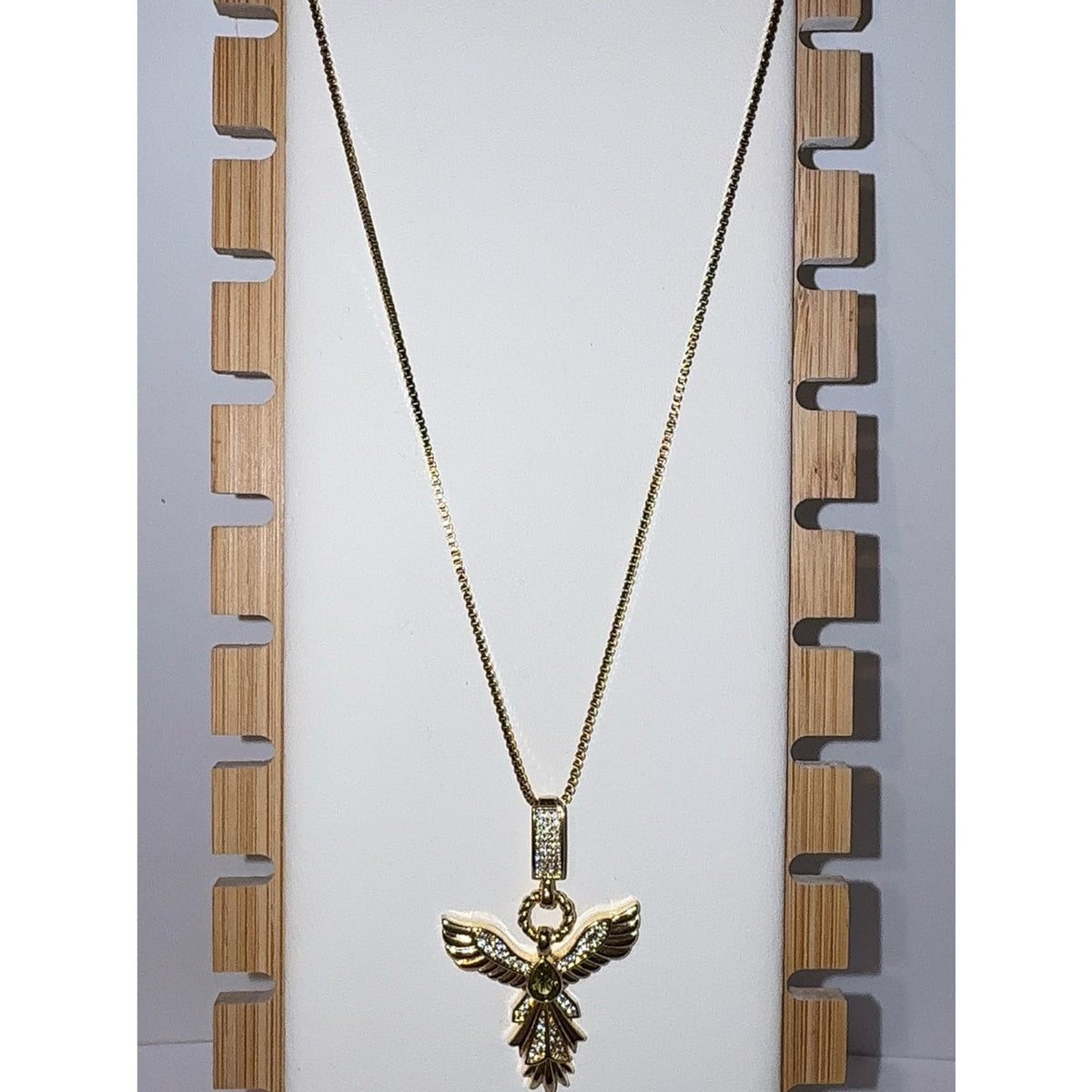 14K Gold Plated Holy Spirit Dove Pendant Necklace with Green Crystal 20”