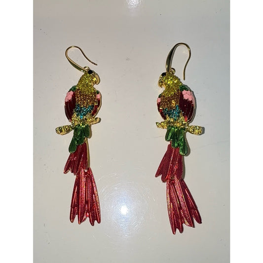 Gold Multicolor Parrot Drop Earrings - Tropical Statement Jewelry