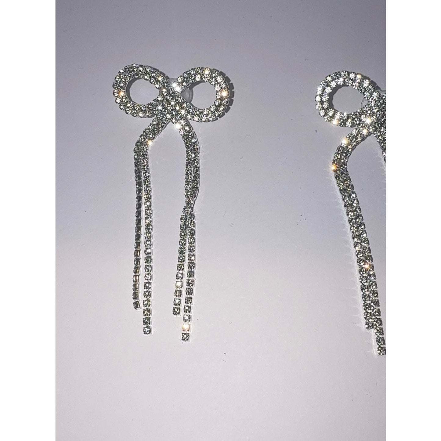 Silver Rhinestone Bow Drop Dangle Earrings Sparkling Bridal Prom