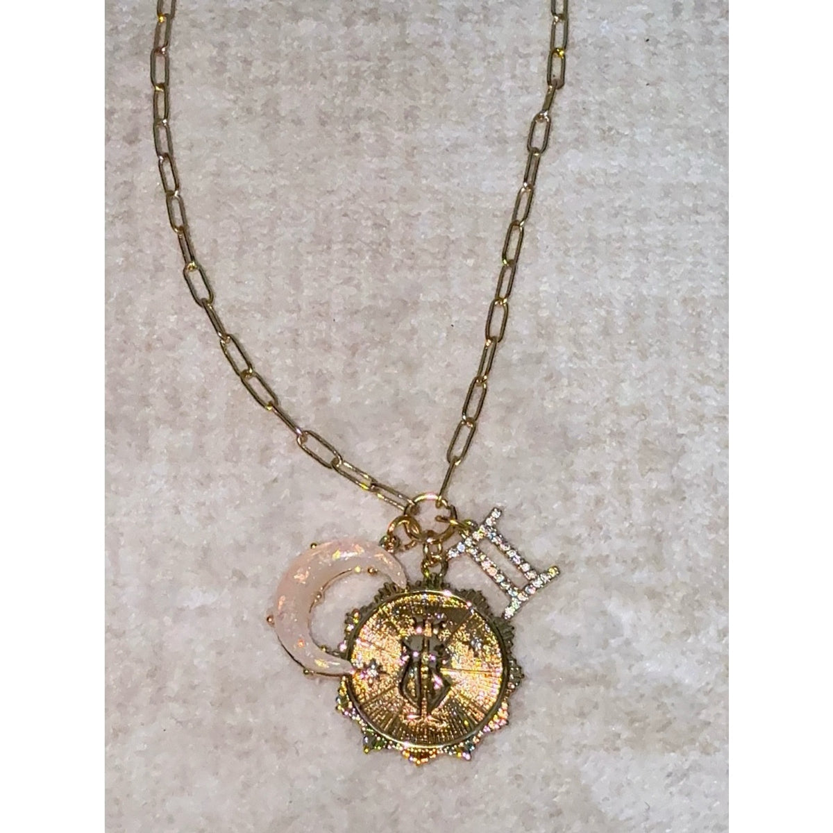 Gold Plated Gemini Zodiac Multi-Charm Paperclip Chain Necklace