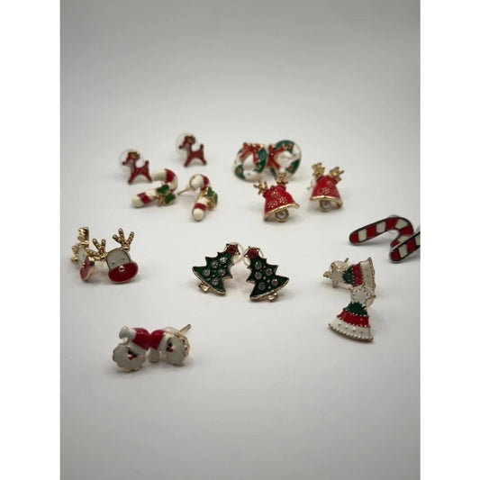 Set of 9 Pairs Christmas Enamel Stud Earrings Holiday Rudolph Santa Tree