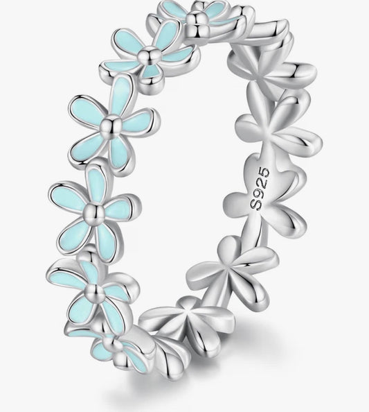 925 Sterling Silver Turquoise Enamel Flower Band Ring – Size 6