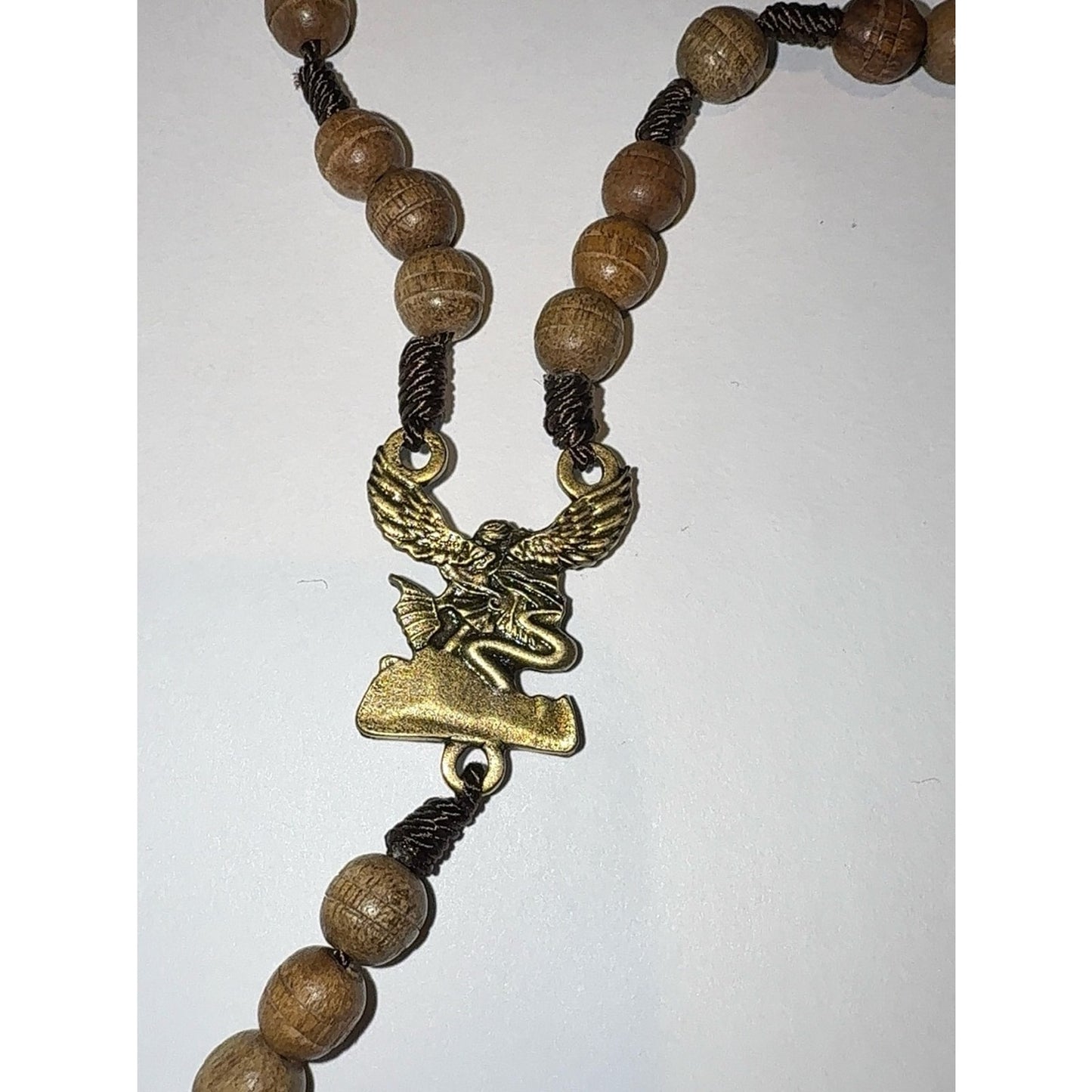 St. Michael Wooden Car Rosary, Saint Medal "Defend Us In Battle" Gold Tone