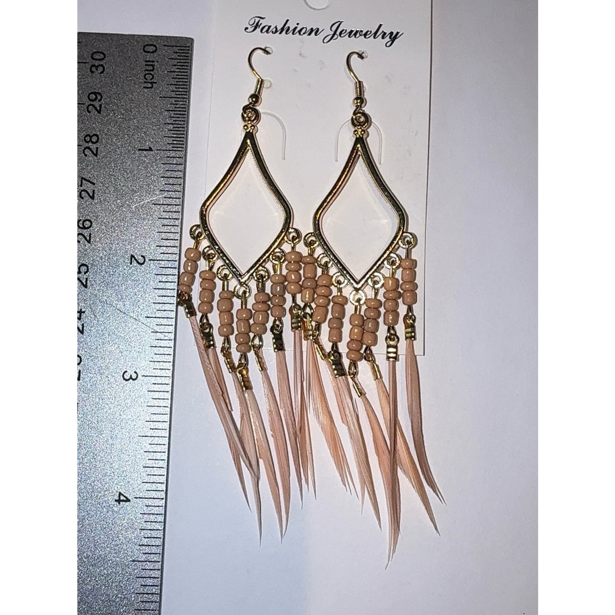 Boho Gold Diamond Feather Dangle Earrings Light Pink