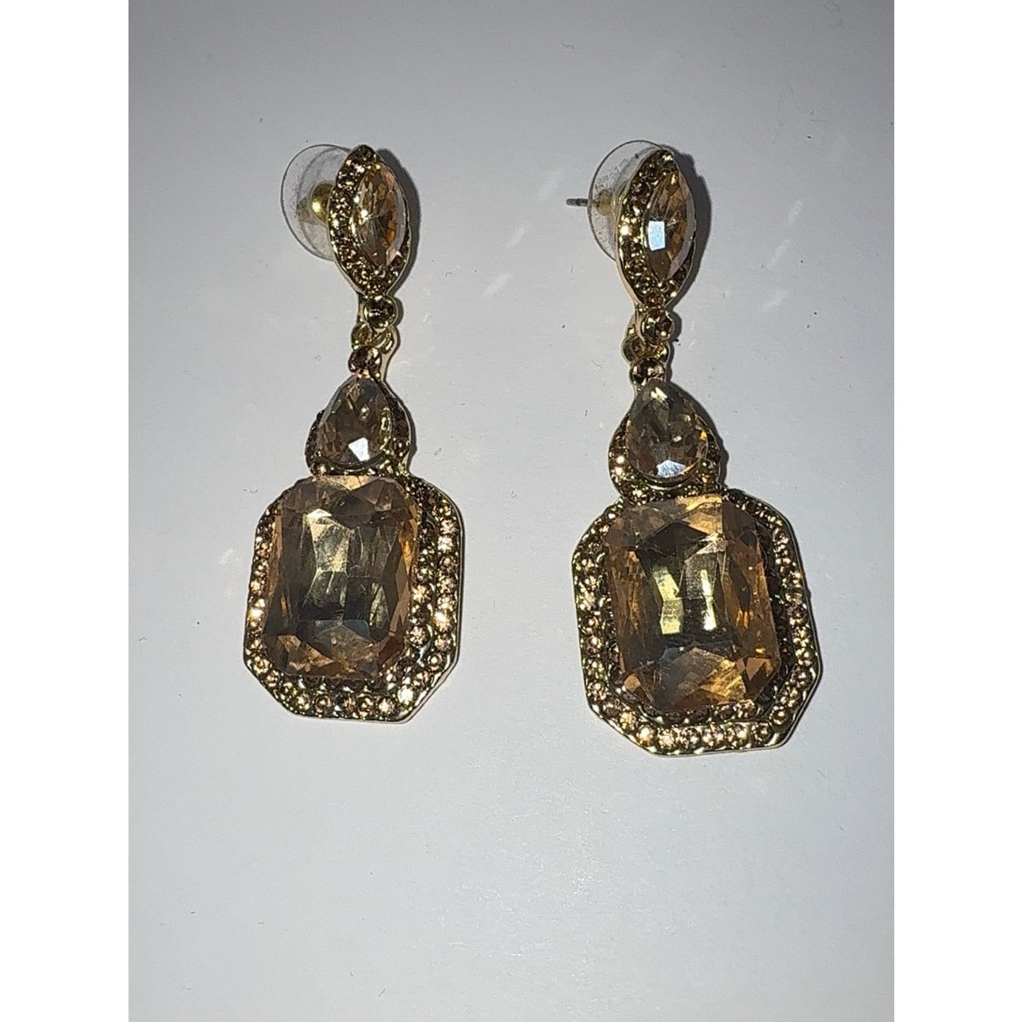 Gold Champagne Austrian Crystal Emerald Cut Statement Dangle Earrings