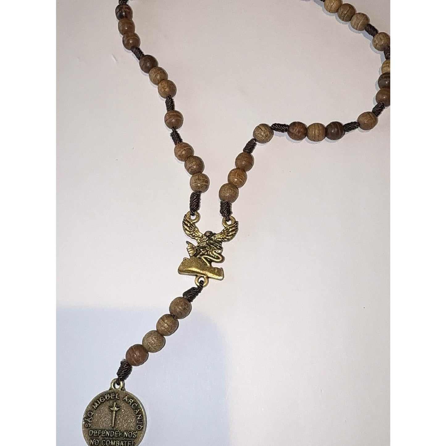 St. Michael Wooden Car Rosary, Saint Medal "Defend Us In Battle" Gold Tone