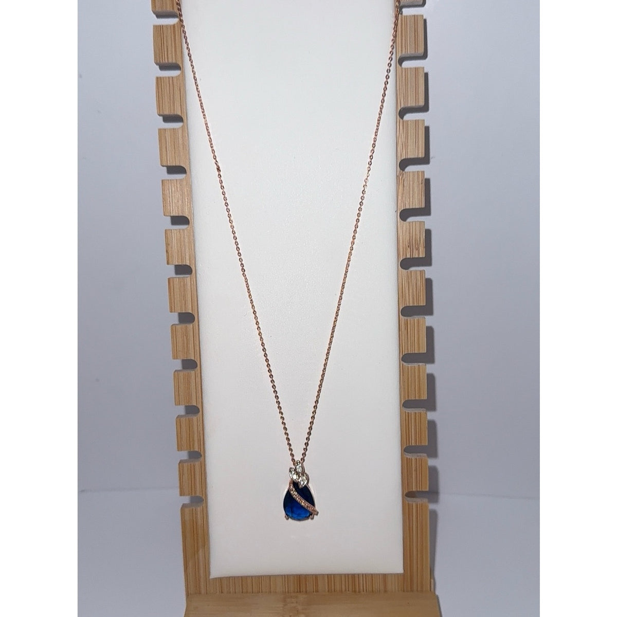 Rose Gold Blue Sapphire Teardrop Jewelry Set 4pc Necklace Bracelet Ring Earrings
