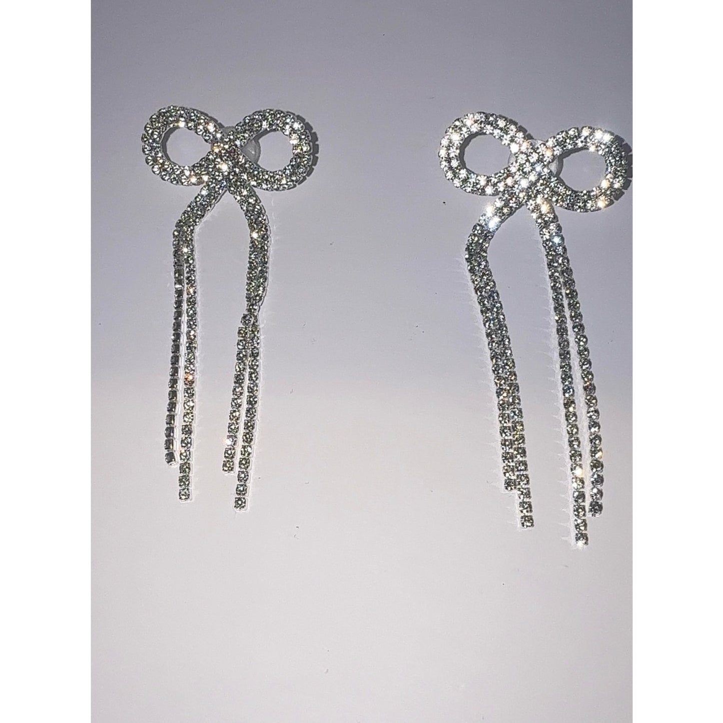 Silver Rhinestone Bow Drop Dangle Earrings Sparkling Bridal Prom