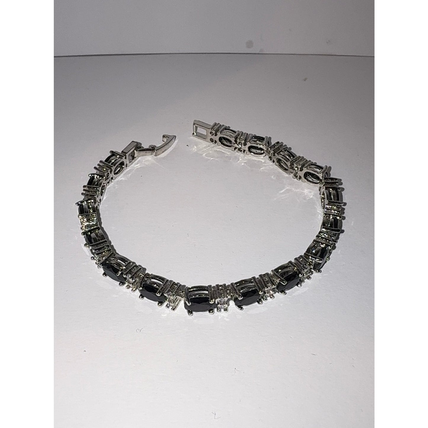 Black Oval Cubic Zirconia Tennis Bracelet 7.5" Silver Tone NWT