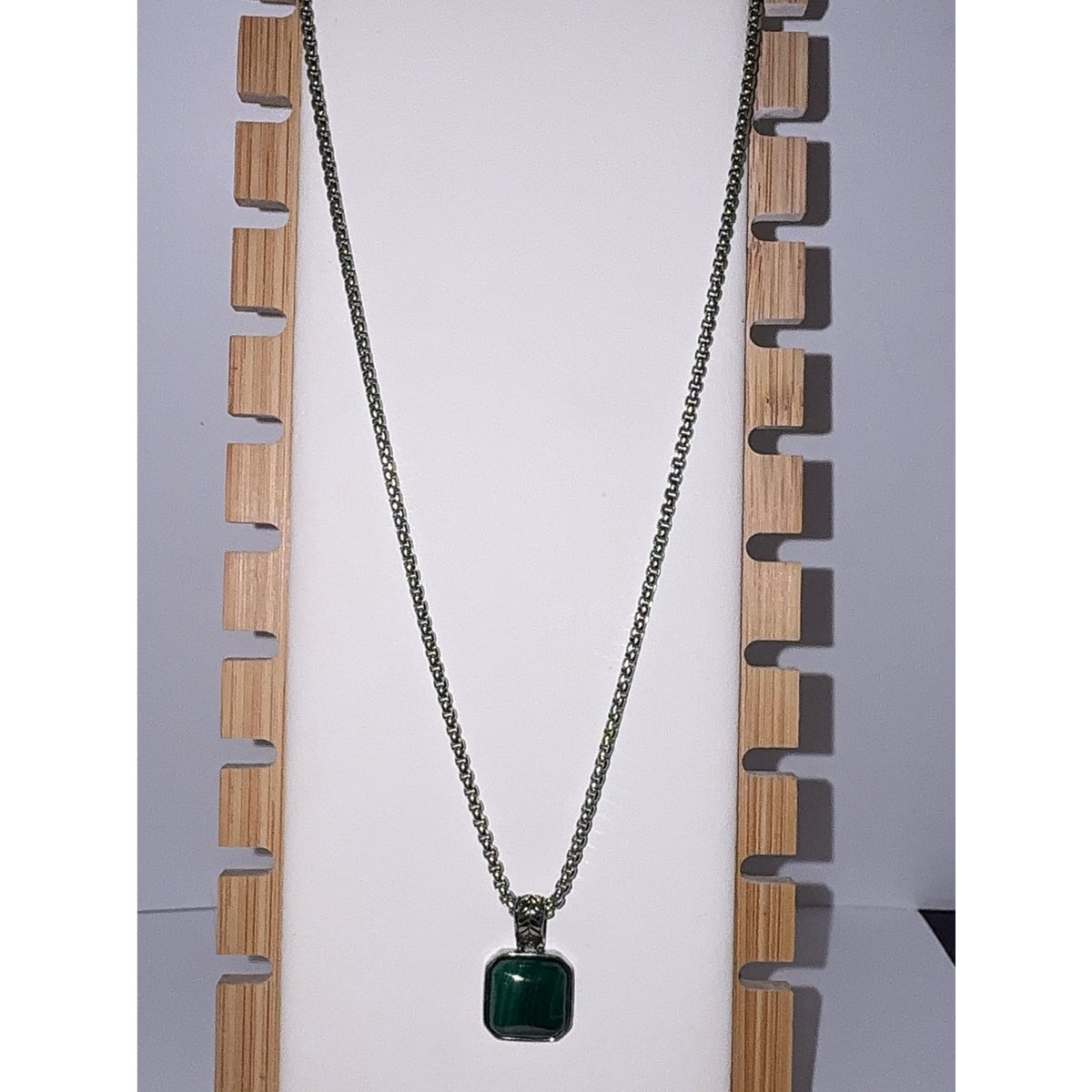 Men’s Stainless Steel Green Malachite Pendant Necklace 24"