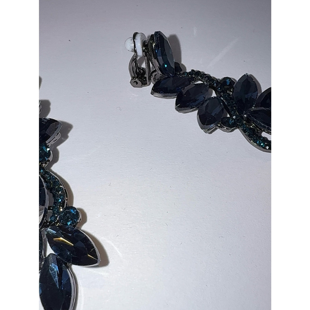 Navy Blue Crystal Marquise Flower Chandelier Clip-On Dangle Earrings